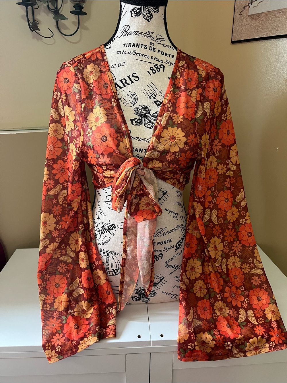 Floral Tie-Front Bell Sleeve Top in Orange and Brown